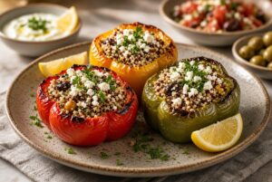 Finished Mediterranean Stuffed Bell Peppers with Quinoa & Feta topped with herbs and feta cheese
