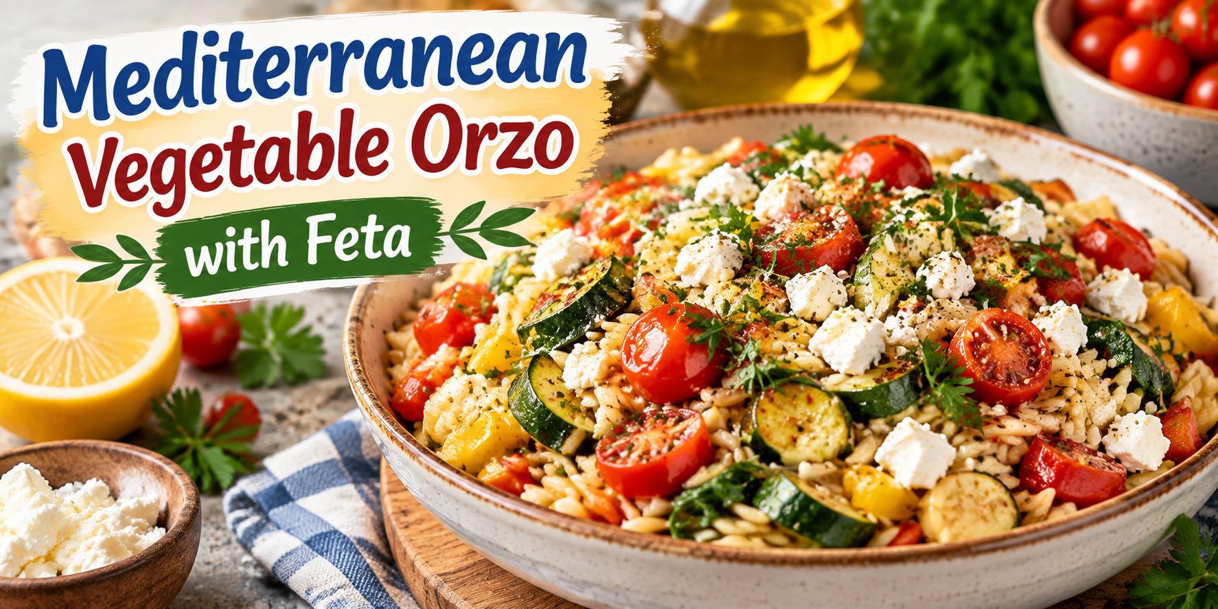 Mediterranean Vegetable Orzo with Feta topped with roasted vegetables, herbs, and fresh Mediterranean flavors