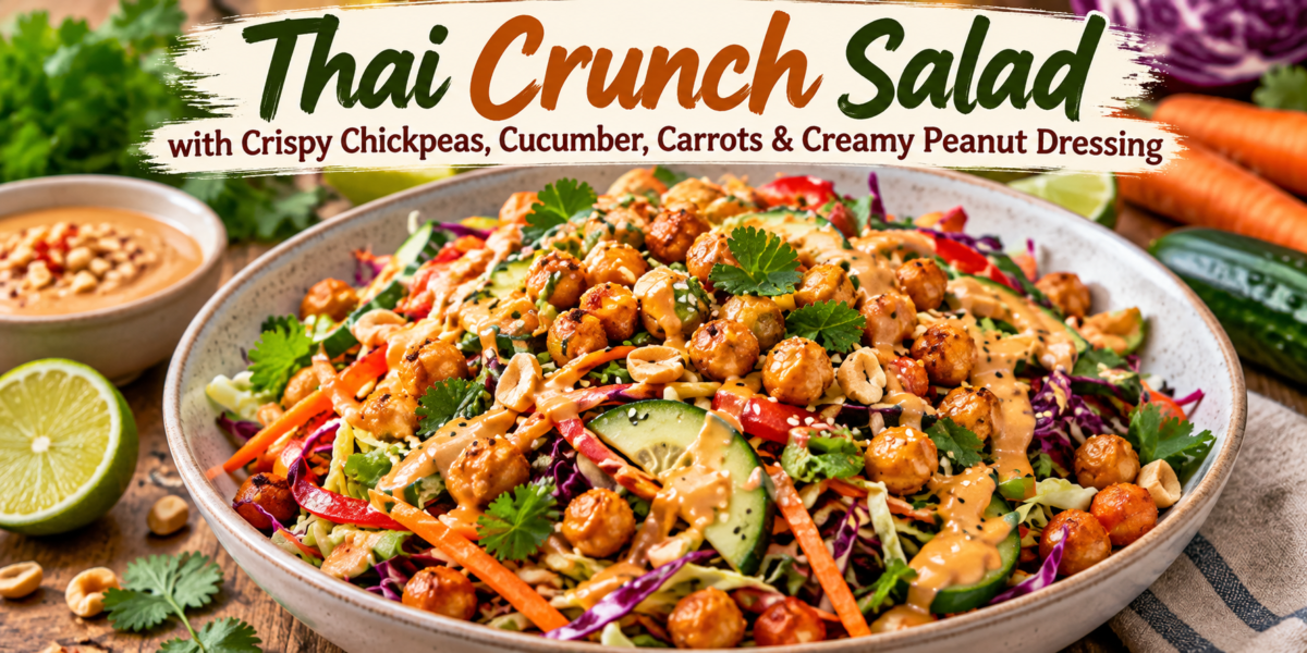 Thai Crunch Salad with crispy chickpeas, cucumber, carrots, cabbage, peanuts, and creamy peanut dressing