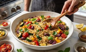 Cooked orzo pasta mixed with roasted vegetables, olives, herbs, and feta cheese for Mediterranean Orzo Pasta