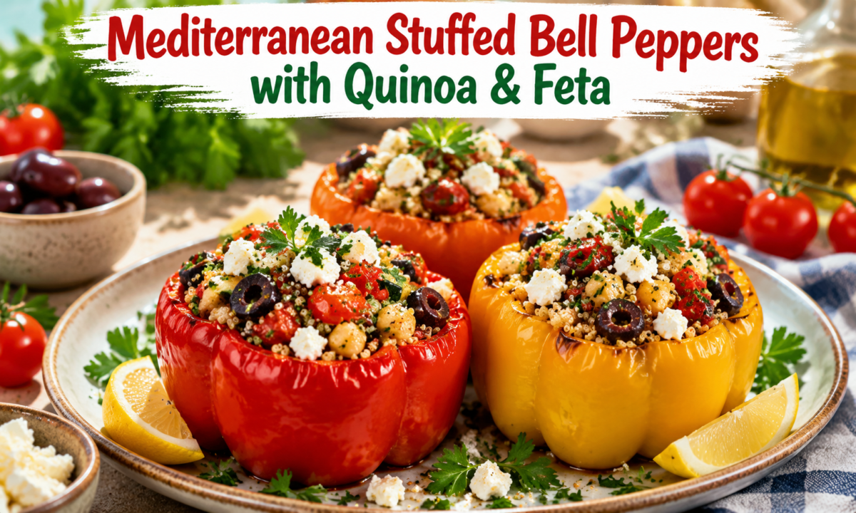 Mediterranean Stuffed Bell Peppers with Quinoa & Feta filled with quinoa, vegetables, herbs, and feta cheese
