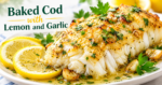 Baked Cod with Lemon and Garlic recipe with tender flaky fish, lemon slices, and fresh herbs