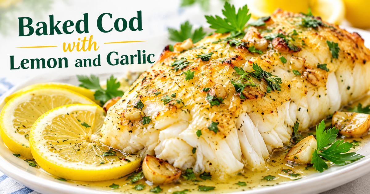Baked Cod with Lemon and Garlic recipe with tender flaky fish, lemon slices, and fresh herbs