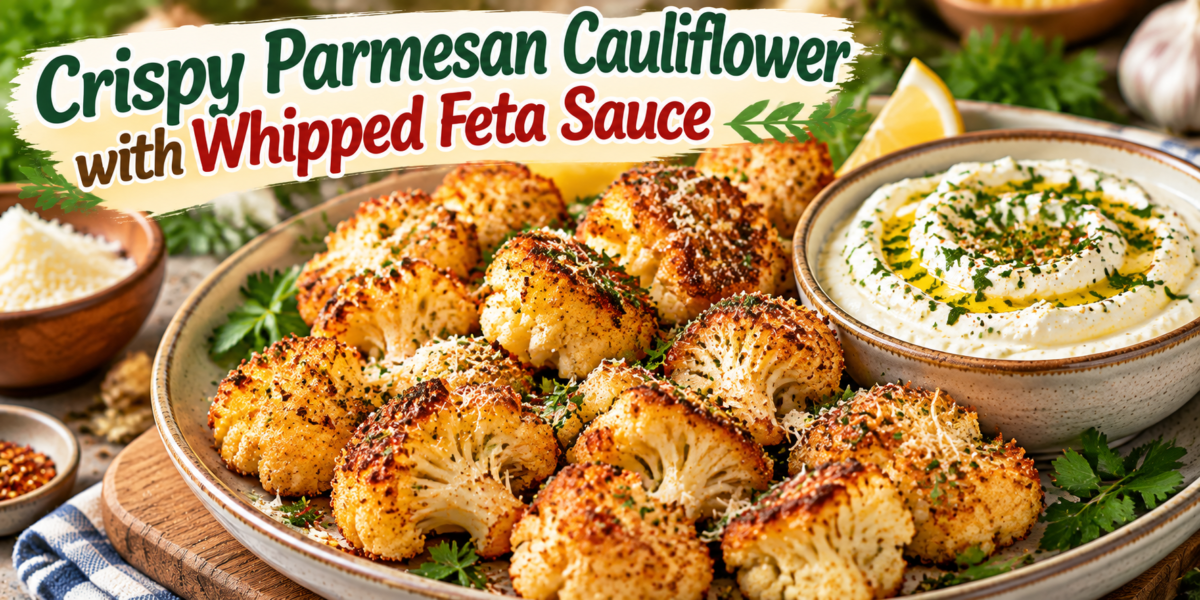 Crispy Parmesan Cauliflower with Whipped Feta Sauce served as a golden baked appetizer with herbs