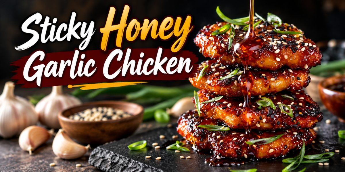 Sticky Honey Garlic Chicken glazed with honey garlic sauce, sesame seeds, and green onions