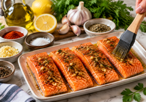 Grilled Salmon with Avocado Tomato Salsa 2 Preparing garlic herb marinade for grilled salmon fillets with olive oil, lemon, and herbs