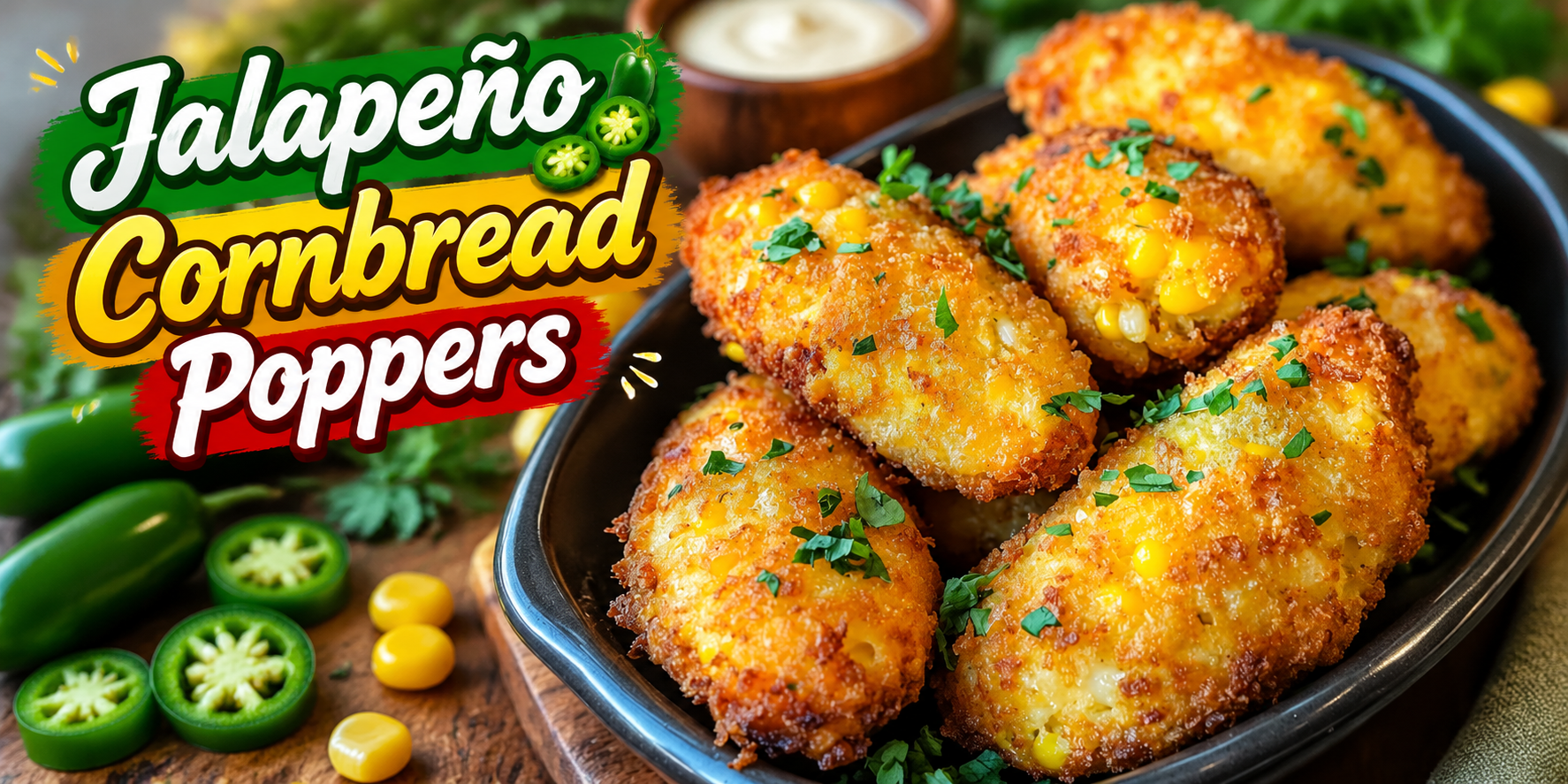 Crispy Jalapeño Cornbread Poppers with sweet corn, cheese, and fresh herbs served as a delicious party appetizer
