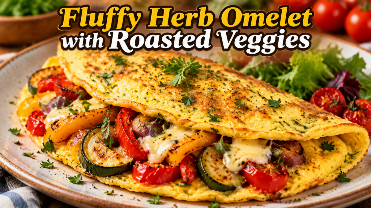 Fluffy Herb Omelet with Roasted Veggies made with eggs, fresh herbs, melted cheese, and colorful roasted vegetables