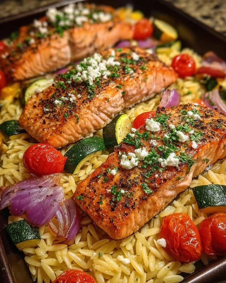 Balsamic Salmon Orzo with Roasted Veggies and Feta