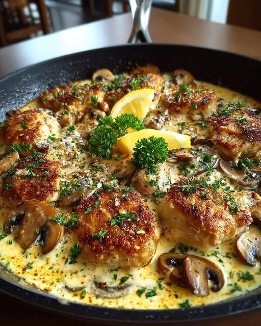 Chicken and Mushroom Skillet in a Creamy Asiago and Mustard Sauce