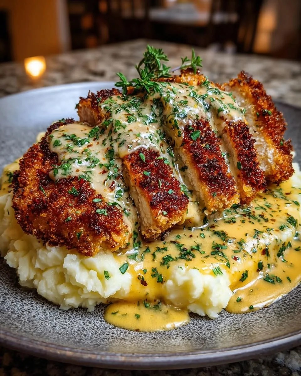 Crispy Chicken Cutlets with Mashed Potatoes and Herb Gravy