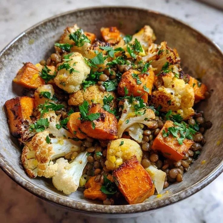 Easy 5 Minute Healthy Sheet Pan Sweet Potato Cauliflower Lentil Bowl