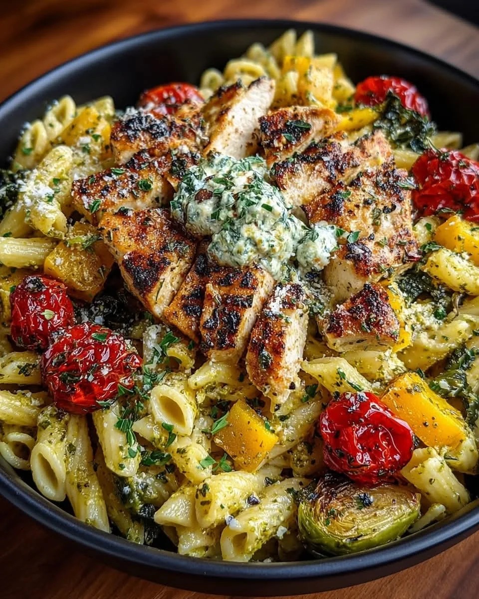Greek Chicken Whipped Feta Harvest Pasta with Lemon Pesto