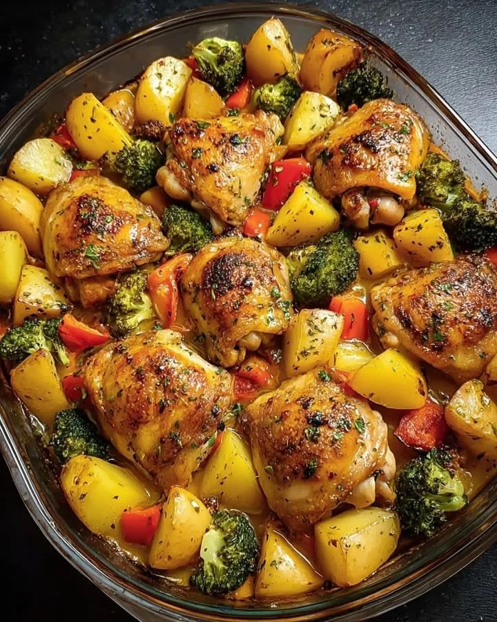 Herb Roasted chicken thighs with patatoes and veggies