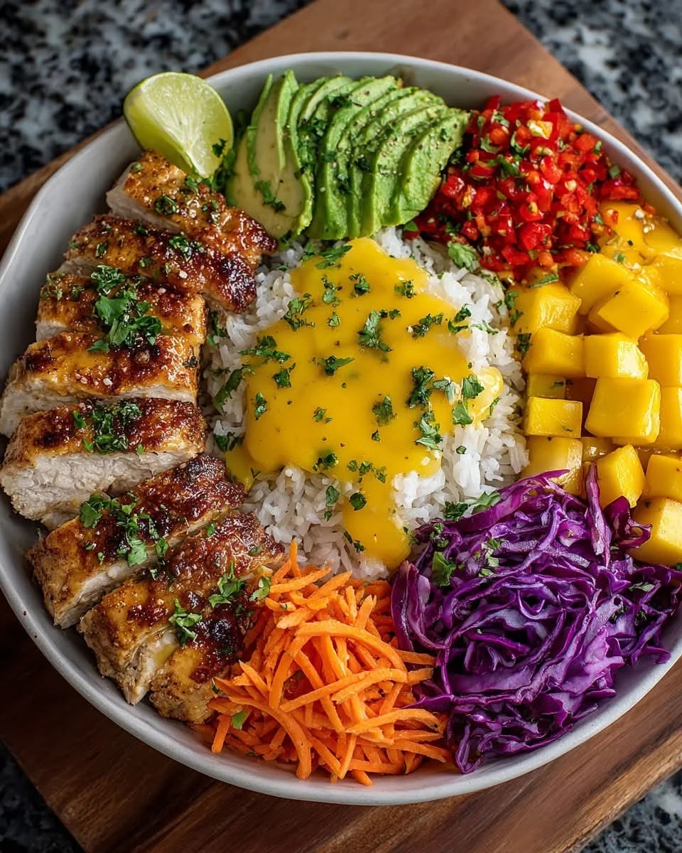 Honey Lime Chicken and Mango Avocado Rice Bowl