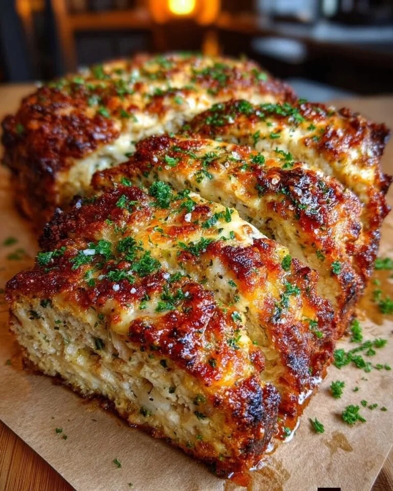 Juicy Oven Baked Garlic Parmesan Chicken Meatloaf with Crispy Edges