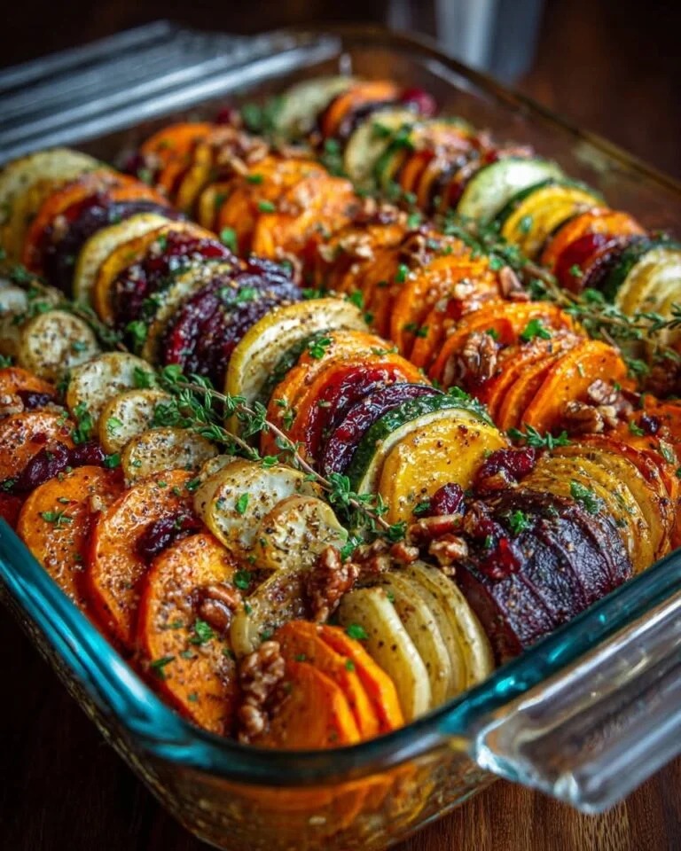 Layered Sweet Potato Squash Carrot Bake with Cranberry Honey Drizzle