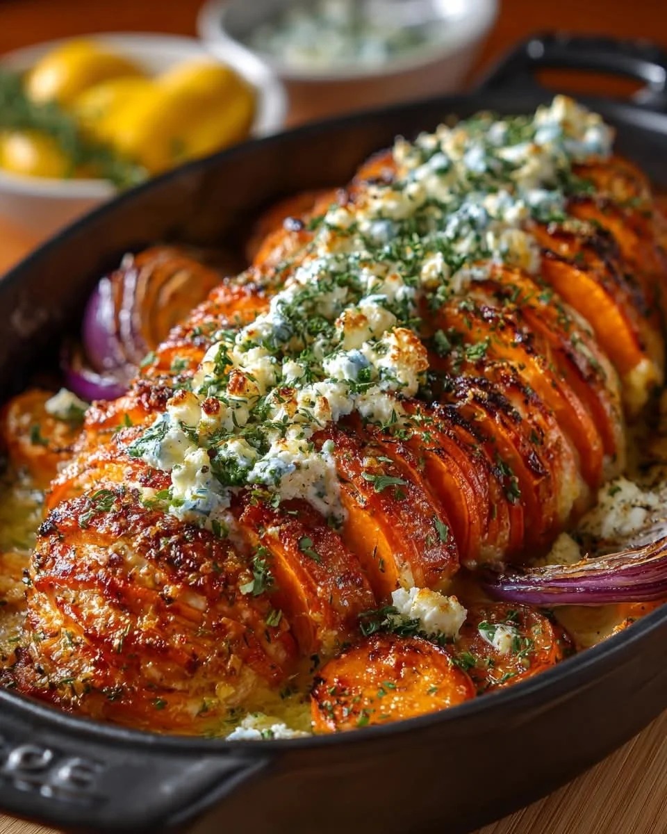 Layered Sweet Potato and Chicken Bake with Lemon Feta Cream