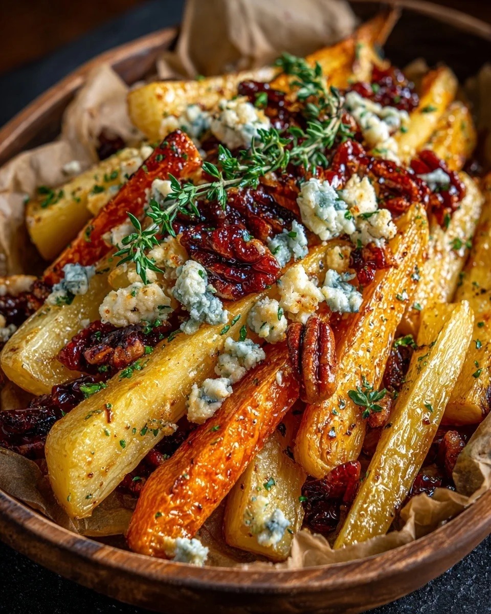 Maple Roasted Parsnips with Blue Cheese Crumble Candied Pecans