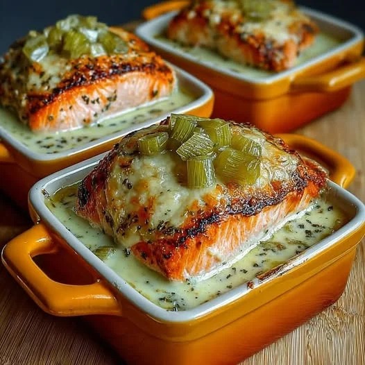 Mediterranean Baked Salmon with Creamy Garlic Boursin Cheese Sauce