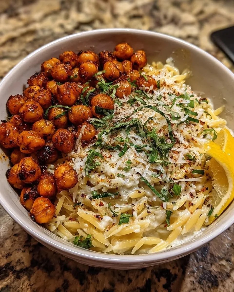 Mediterranean Creamy Lemon Ricotta Orzo with Garlic Roasted Chickpeas