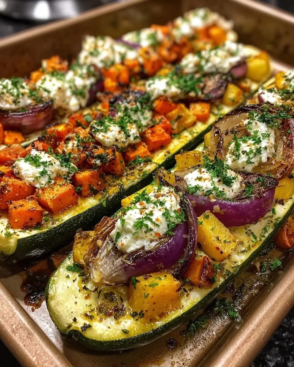 Mediterranean Golden Roasted Holiday Vegetable Zucchini Boats with Whipped Feta