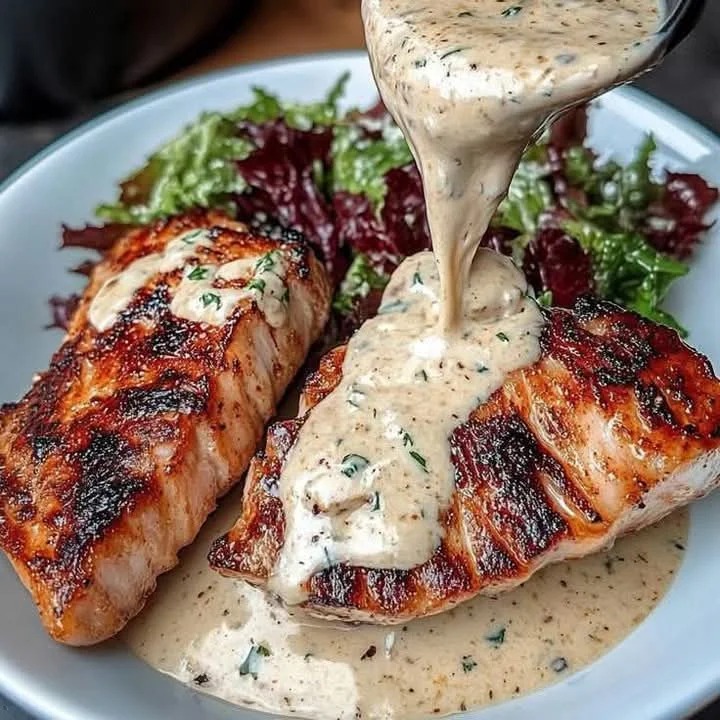 Mediterranean Seared Tuna with Creamy Garlic Veggie Salad