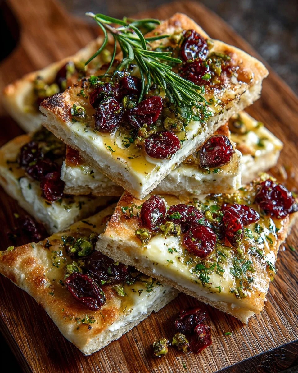Mini Flatbread Bites with Brie Cranberries Pistachio Honey