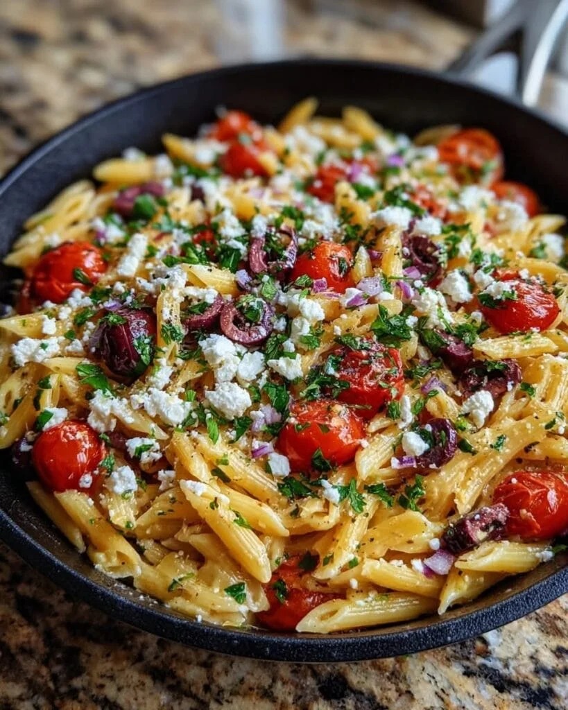 One Pot Greek Pasta with Feta Cherry Tomatoes Olives