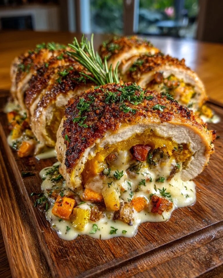 Oven Roasted Chicken Breast Stuffed with Creamy Pumpkin Root Vegetables and Melted Cheese