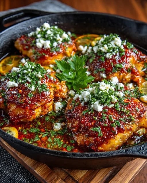Spicy Crispy Hot Honey Lemon Feta Chicken Skillet