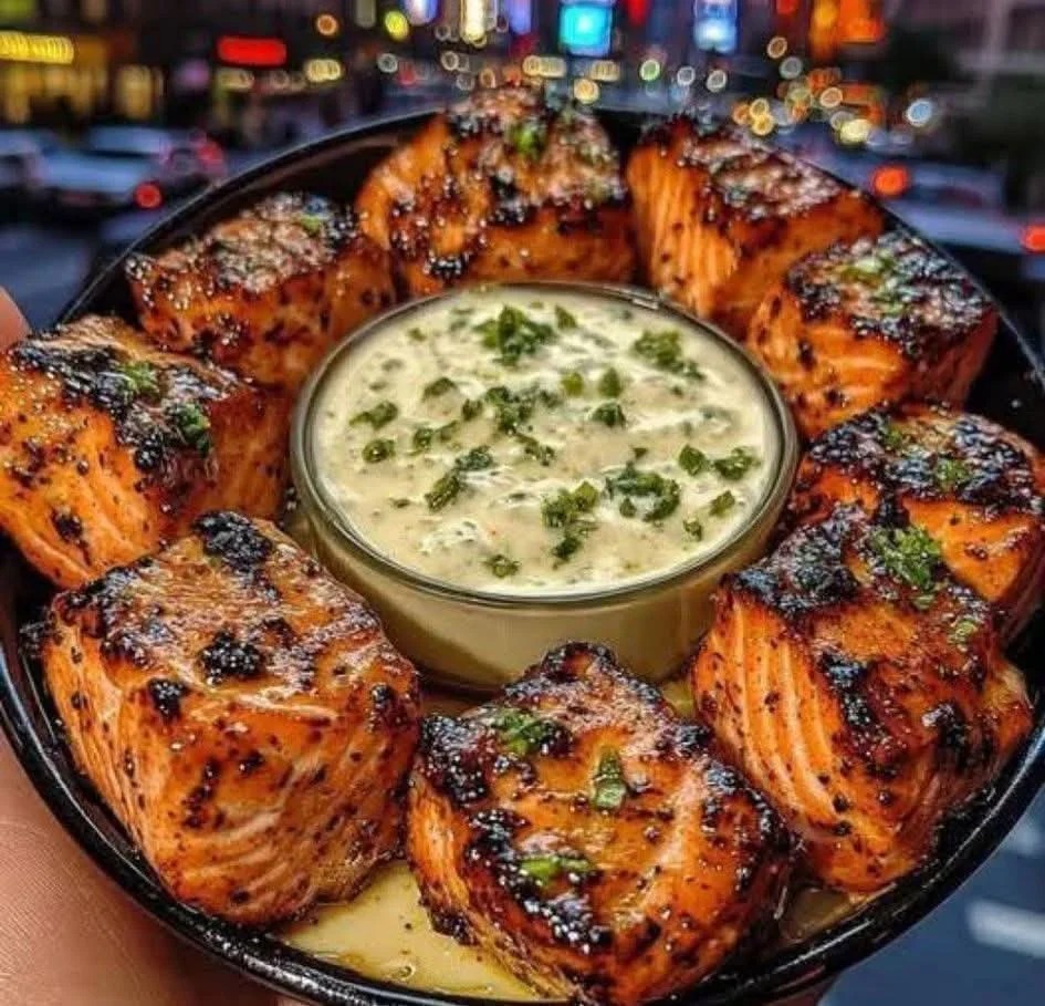 Sweet Chili Salmon Bites with Lime Yogurt Dip