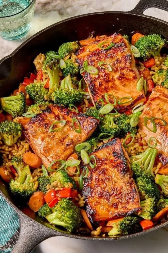 Teriyaki Salmon Vegetable Fried Rice Skillet