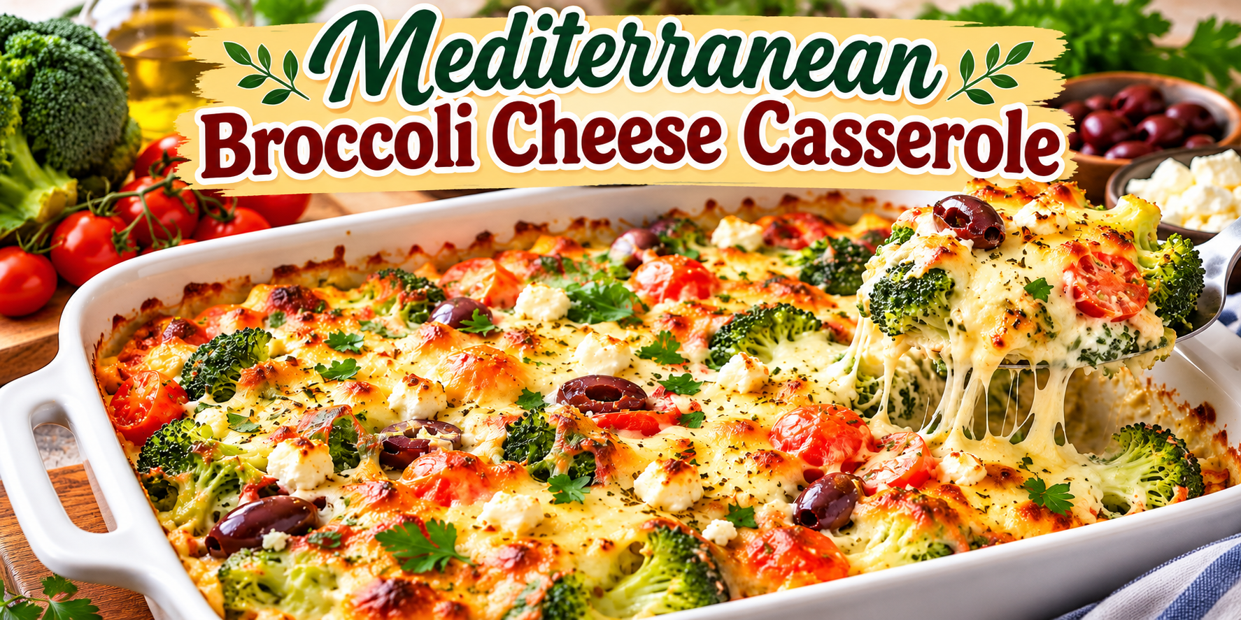 Mediterranean Broccoli Cheese Casserole with broccoli feta cheese tomatoes and olives