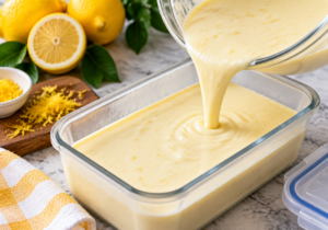 Homemade lemon ice cream mixture being poured into a freezer container before freezing