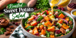 Roasted Sweet Potato Salad with feta cheese pecans cranberries fresh greens and homemade dressing