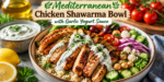 Mediterranean Chicken Shawarma Bowl with grilled chicken, fresh vegetables, rice, chickpeas, and garlic yogurt sauce