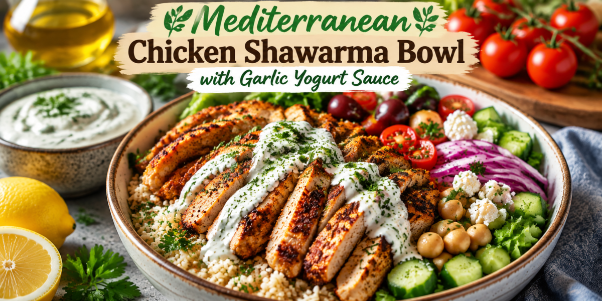 Mediterranean Chicken Shawarma Bowl with grilled chicken, fresh vegetables, rice, chickpeas, and garlic yogurt sauce