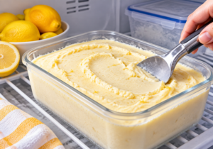 Homemade lemon ice cream being frozen in a container with a smooth creamy texture