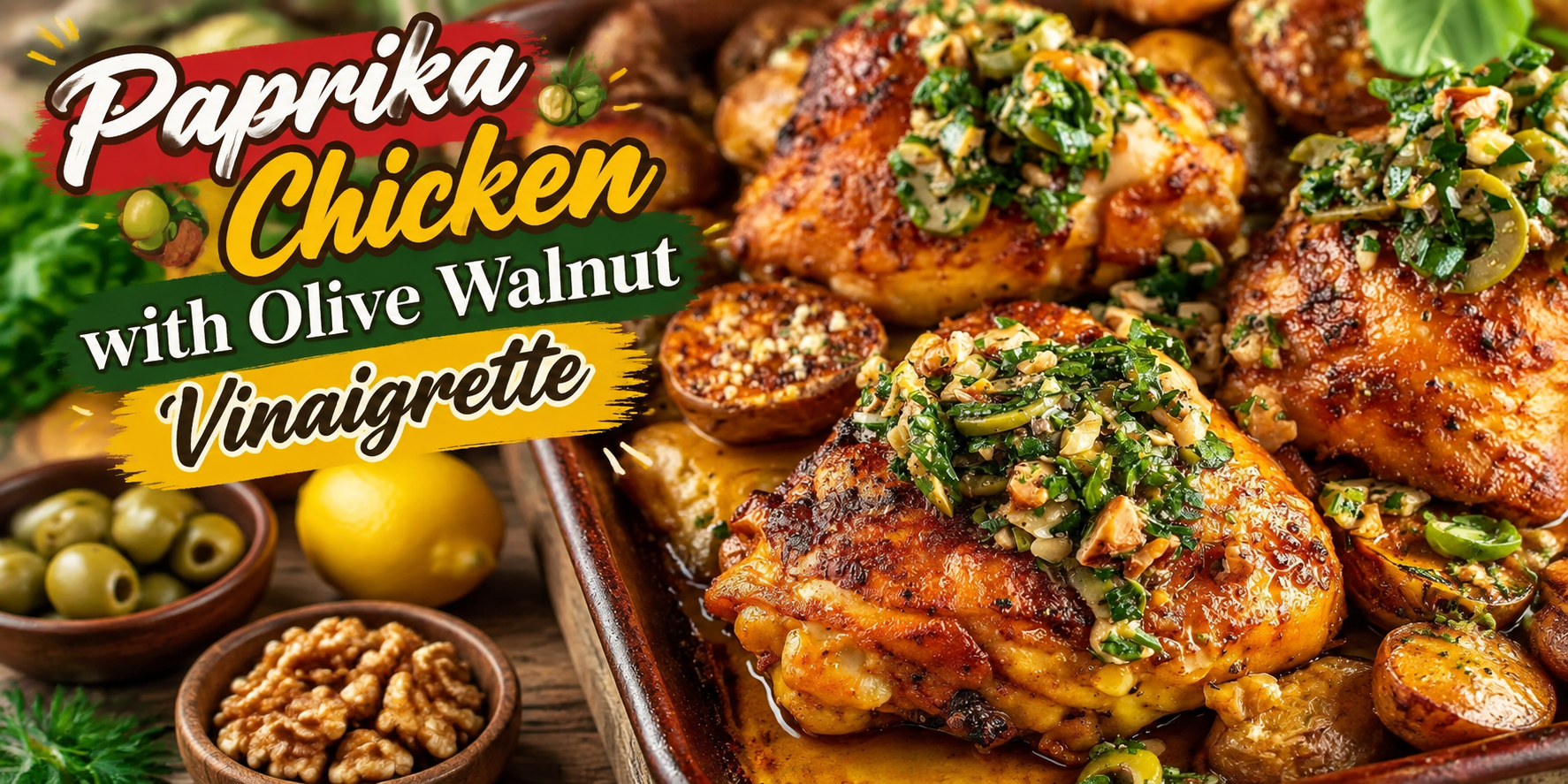 Paprika Chicken with Olive Walnut Vinaigrette served with olive walnut topping and fresh herbs