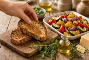 Crispy toasted bread slices prepared as the base for Mediterranean Cheesy Roasted Veggie Toast Recipe