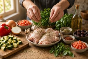 Chicken, vegetables, olives, garlic, and Mediterranean herbs prepared for Slow Cooker Mediterranean Chicken Stew