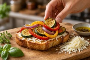 Crispy toast topped with roasted zucchini, bell peppers, onions, and cheese for Mediterranean Cheesy Roasted Veggie Toast Recipe
