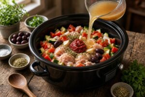 Chicken pieces, vegetables, tomatoes, olives, and herbs layered in a slow cooker for Mediterranean Chicken Stew