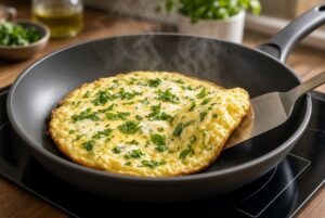Fluffy Herb Omelet Recipe cooking in a non-stick pan with fresh herbs and melted cheese