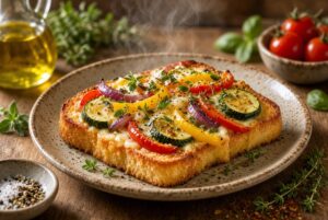 Golden cheesy roasted veggie toast baked with zucchini, bell peppers, herbs, and melted cheese for a Mediterranean Veggie Toast Recipe