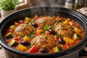 Slow Cooker Mediterranean Chicken Stew cooking with tender chicken, tomatoes, zucchini, peppers, and olives