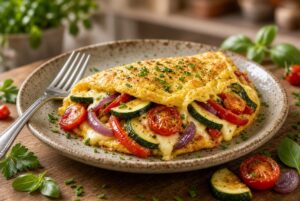 Finished Herb Omelet Recipe filled with roasted vegetables, melted cheese, and fresh herbs on a plate