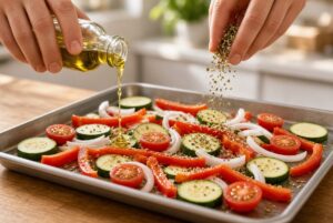 Fresh zucchini, bell peppers, cherry tomatoes, and onions prepared for roasted vegetables in a Herb Omelet Recipe