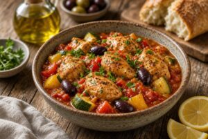 Slow Cooker Mediterranean Chicken Stew with tender chicken, vegetables, olives, and fresh herbs served in a bowl